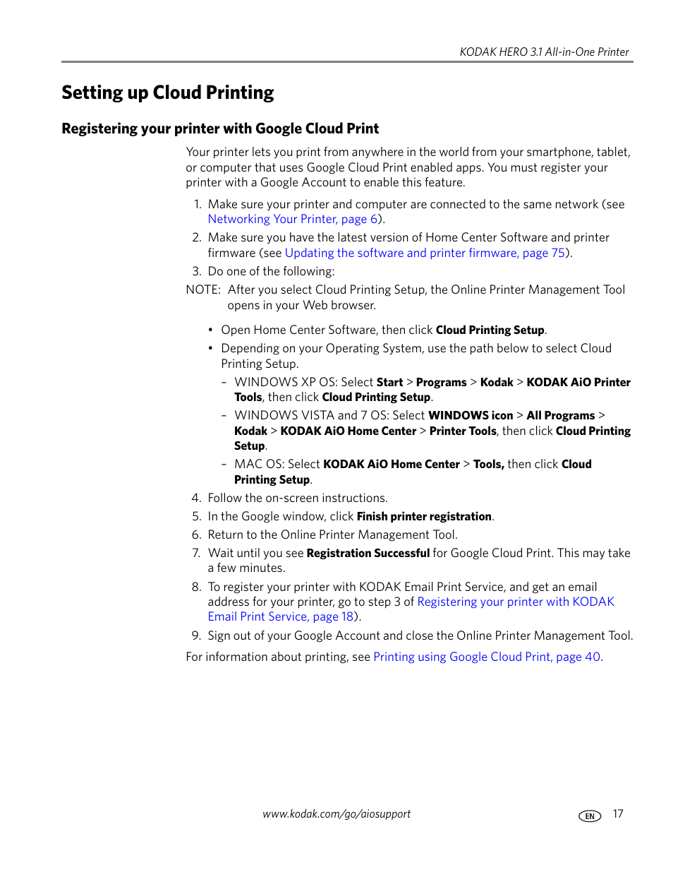 Setting up cloud printing, Registering your printer with google cloud print | Kodak HERO 3.1 User Manual | Page 23 / 100