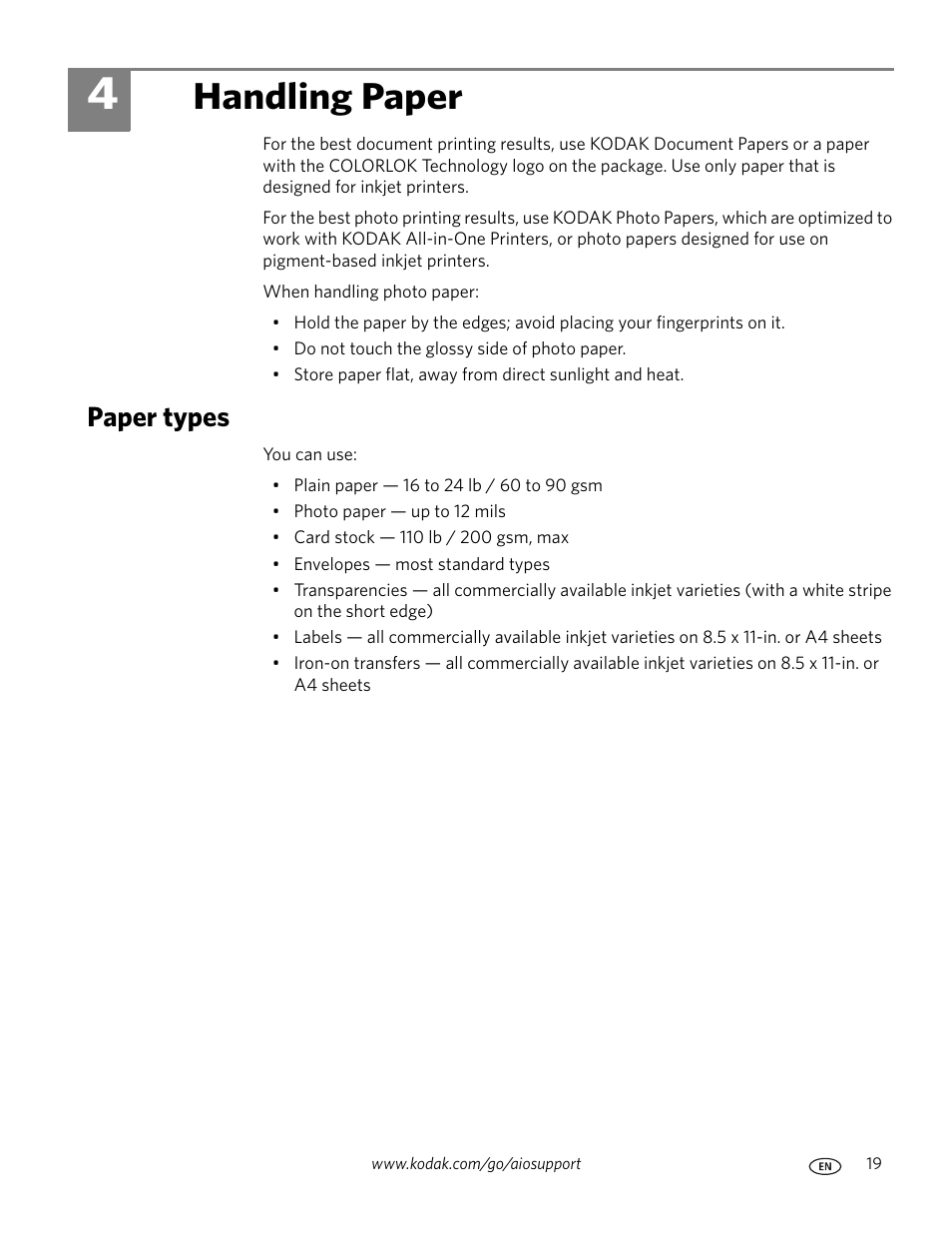 Handling paper, Paper types, 4 handling paper | Kodak HERO 3.1 User Manual | Page 25 / 100