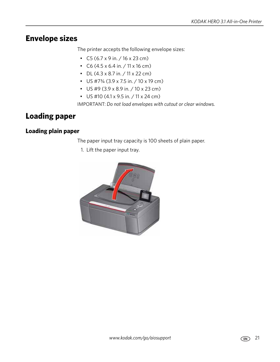 Envelope sizes, Loading paper, Loading plain paper | Envelope sizes loading paper | Kodak HERO 3.1 User Manual | Page 27 / 100