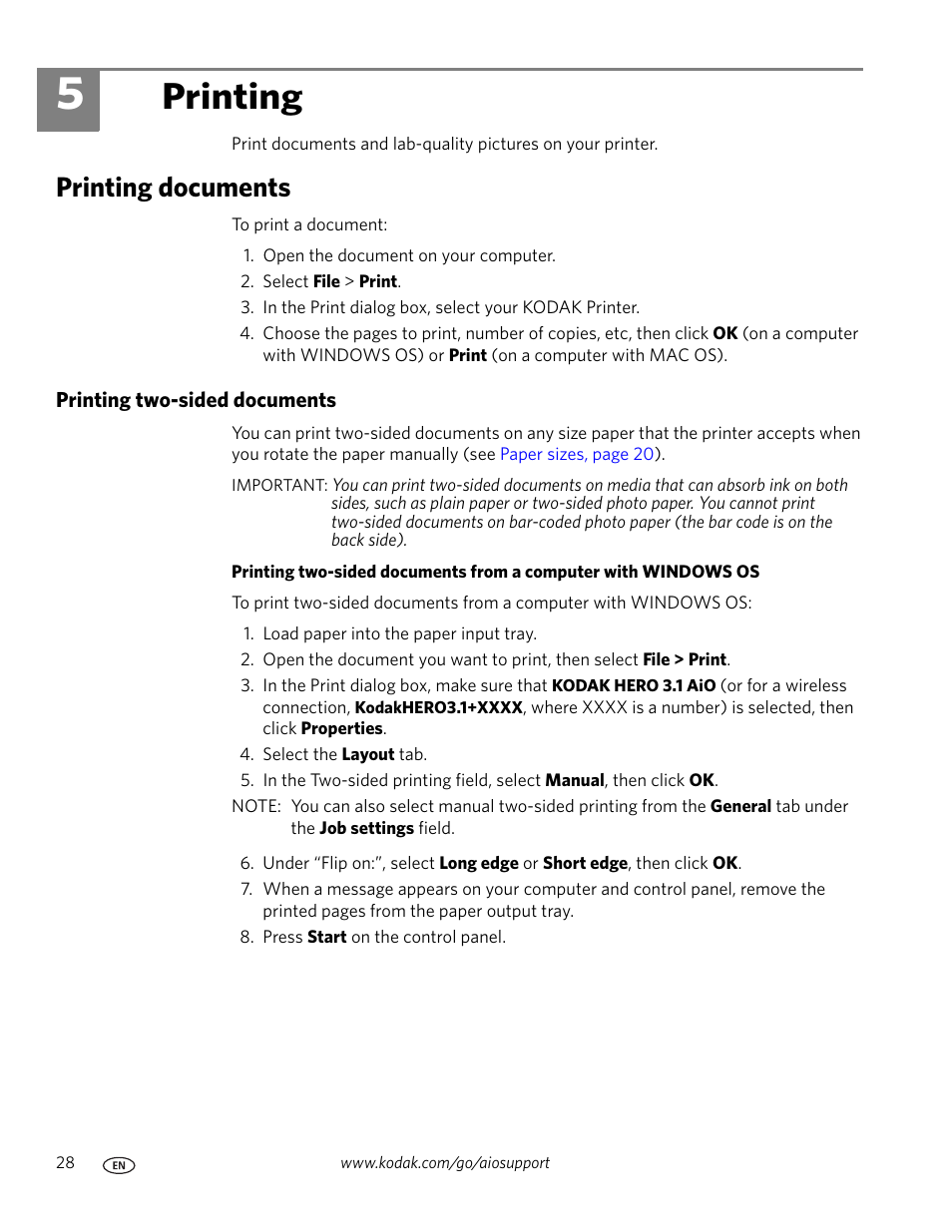 Printing, Printing documents, Printing two-sided documents | 5 printing | Kodak HERO 3.1 User Manual | Page 34 / 100