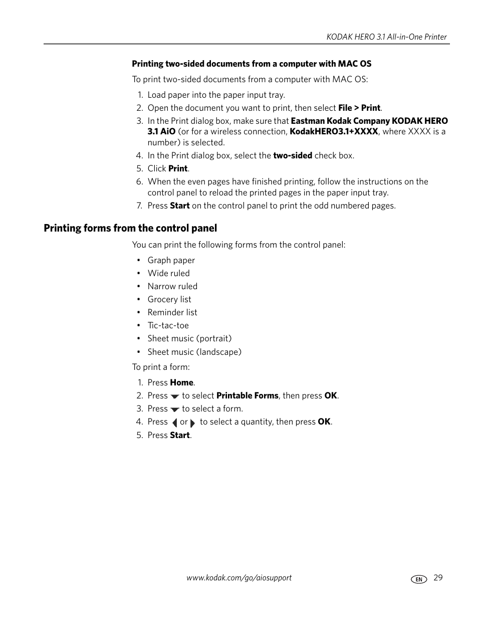 Printing forms from the control panel | Kodak HERO 3.1 User Manual | Page 35 / 100