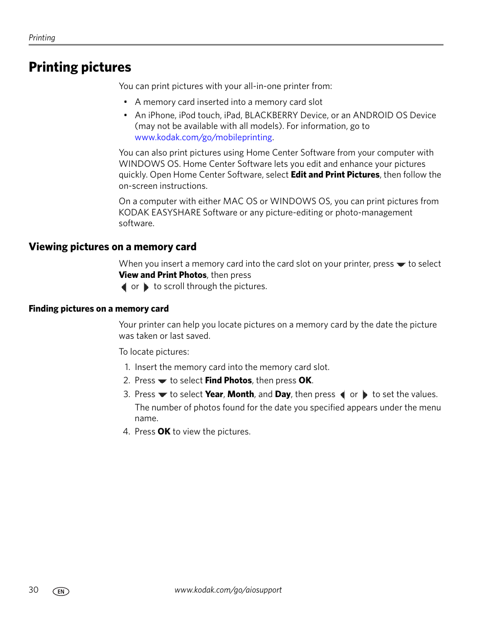 Printing pictures, Viewing pictures on a memory card, Finding pictures on a memory card | Kodak HERO 3.1 User Manual | Page 36 / 100