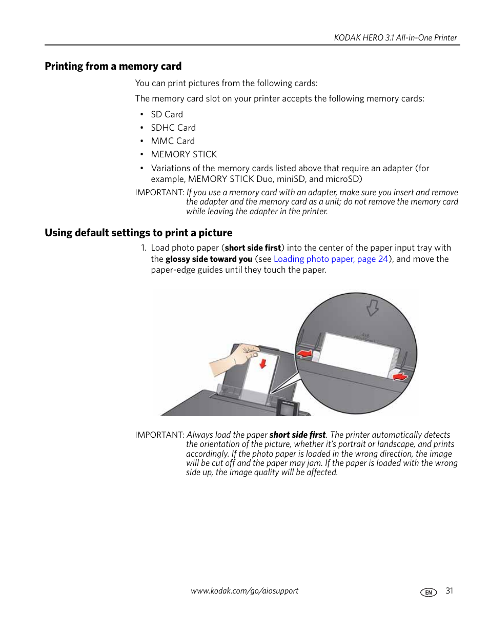 Printing from a memory card, Using default settings to print a picture | Kodak HERO 3.1 User Manual | Page 37 / 100