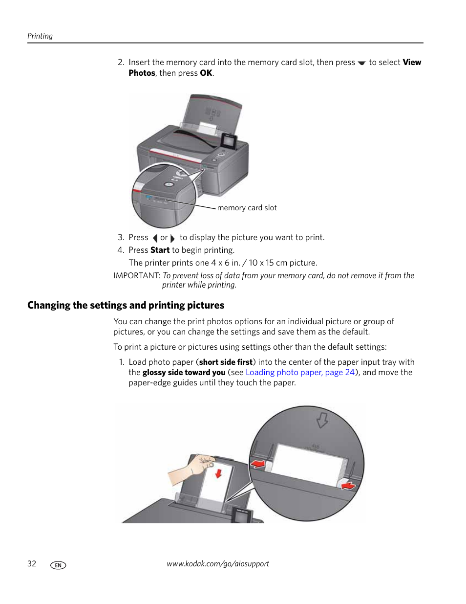 Changing the settings and printing pictures | Kodak HERO 3.1 User Manual | Page 38 / 100