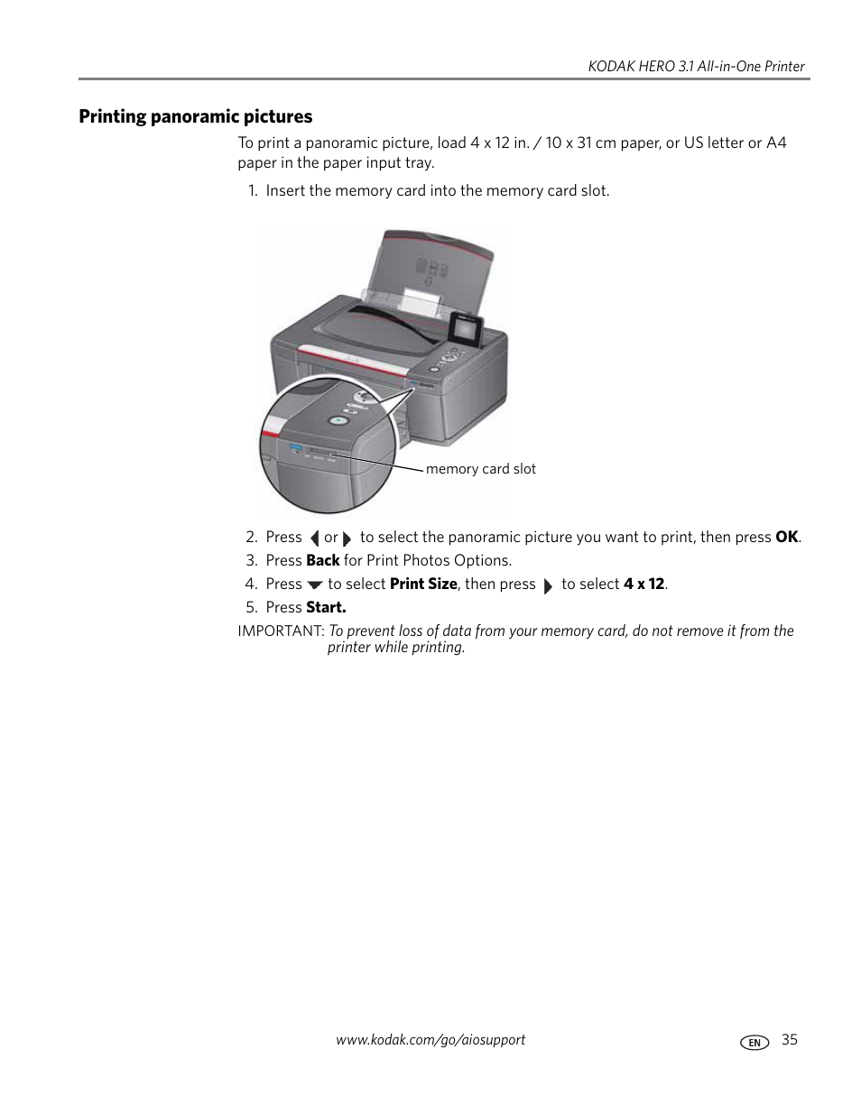 Printing panoramic pictures | Kodak HERO 3.1 User Manual | Page 41 / 100