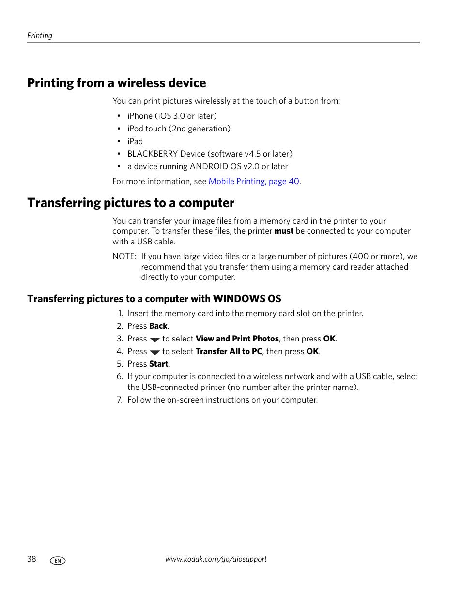 Printing from a wireless device, Transferring pictures to a computer | Kodak HERO 3.1 User Manual | Page 44 / 100