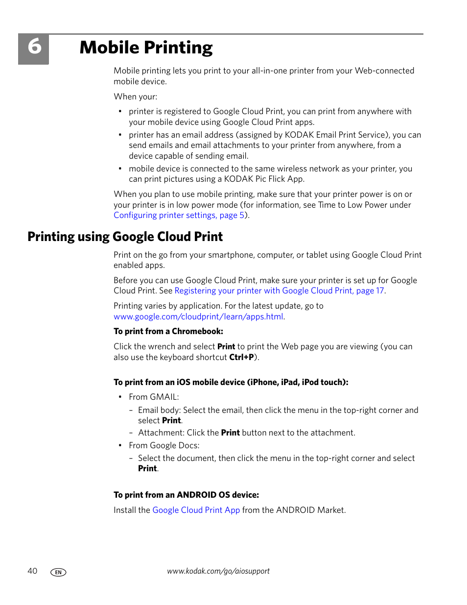 Mobile printing, Printing using google cloud print, 6 mobile printing | Ion about printing, see | Kodak HERO 3.1 User Manual | Page 46 / 100