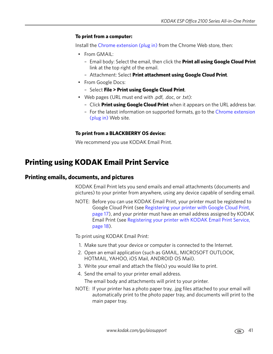 Printing using kodak email print service, Printing emails, documents, and pictures | Kodak HERO 3.1 User Manual | Page 47 / 100