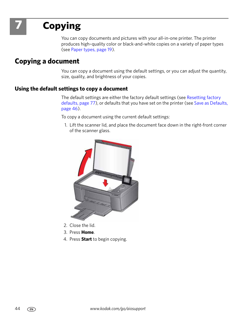 Copying, Copying a document, Using the default settings to copy a document | 7 copying | Kodak HERO 3.1 User Manual | Page 50 / 100