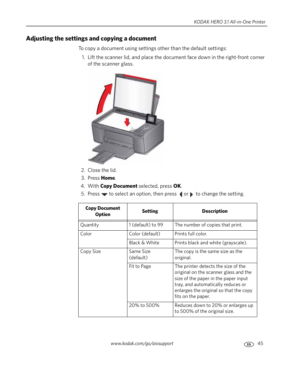 Adjusting the settings and copying a document | Kodak HERO 3.1 User Manual | Page 51 / 100