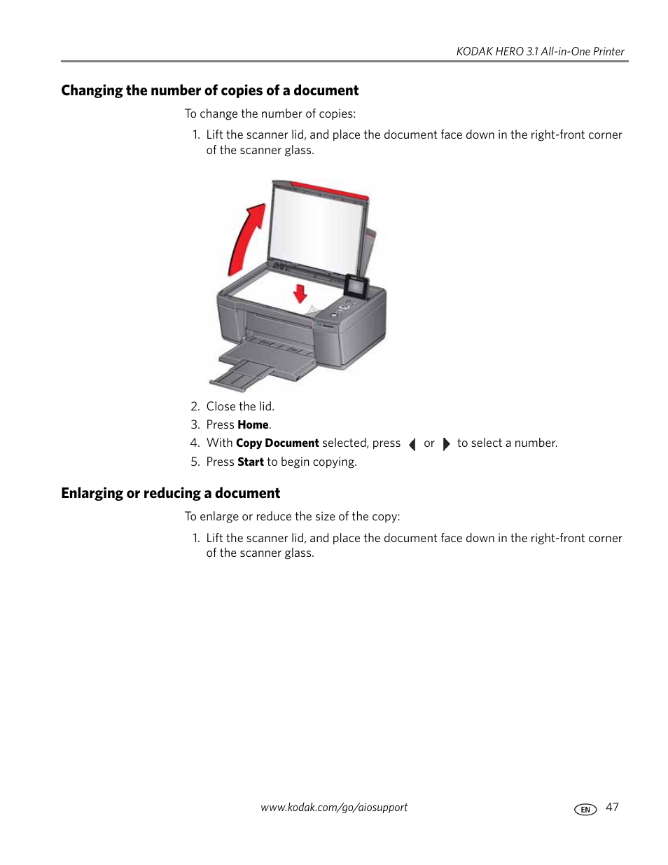 Changing the number of copies of a document, Enlarging or reducing a document | Kodak HERO 3.1 User Manual | Page 53 / 100