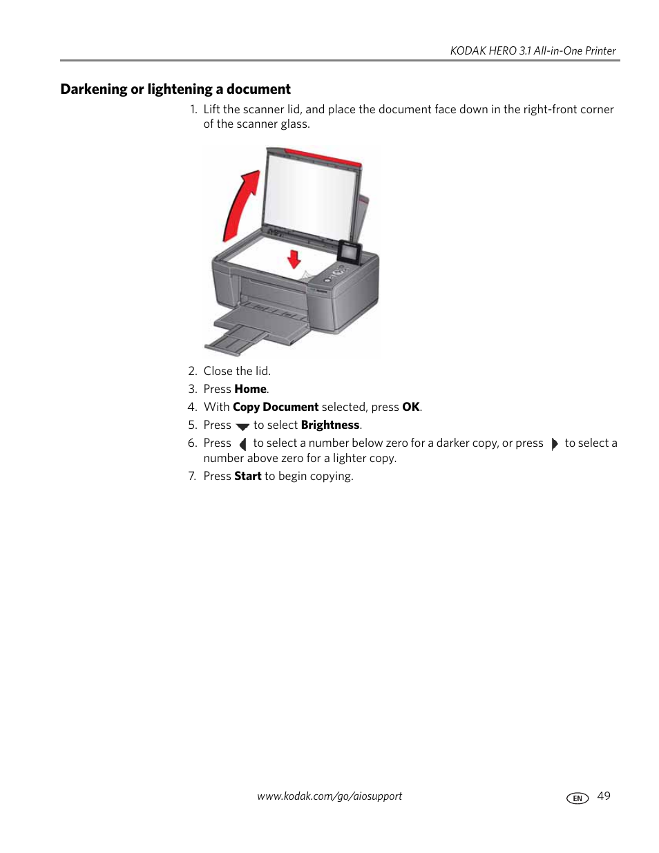 Darkening or lightening a document | Kodak HERO 3.1 User Manual | Page 55 / 100