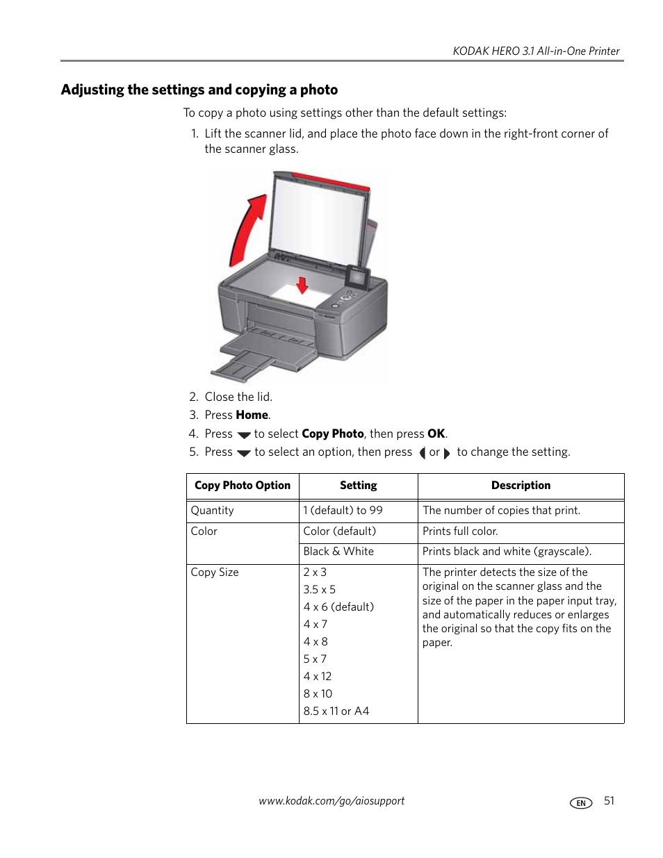 Adjusting the settings and copying a photo | Kodak HERO 3.1 User Manual | Page 57 / 100