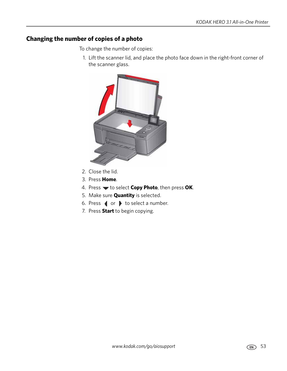 Changing the number of copies of a photo | Kodak HERO 3.1 User Manual | Page 59 / 100