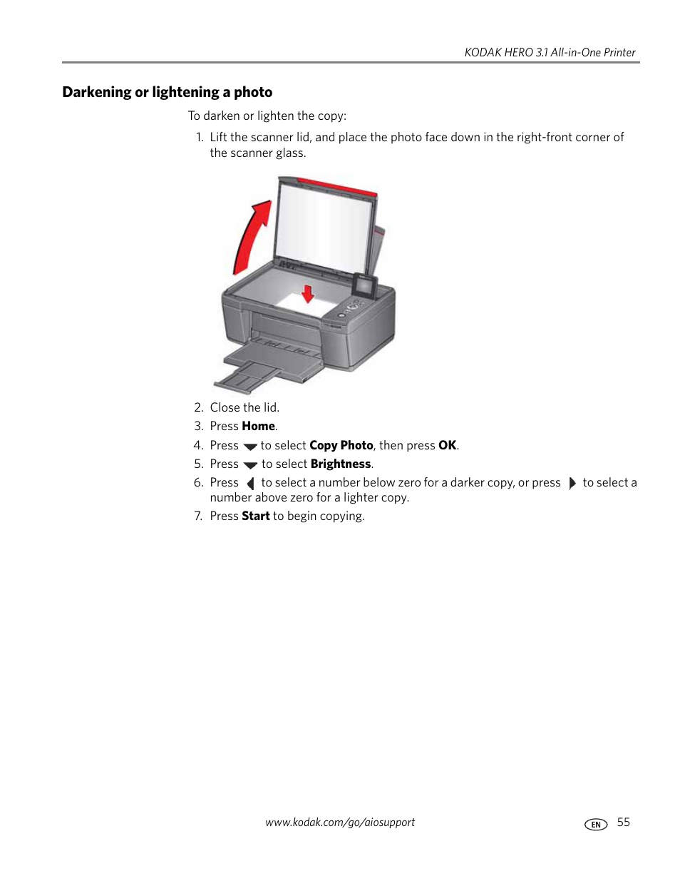 Darkening or lightening a photo | Kodak HERO 3.1 User Manual | Page 61 / 100