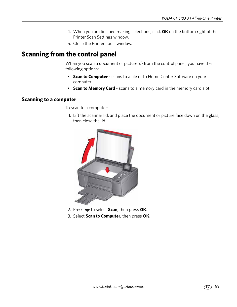 Scanning from the control panel, Scanning to a computer | Kodak HERO 3.1 User Manual | Page 65 / 100