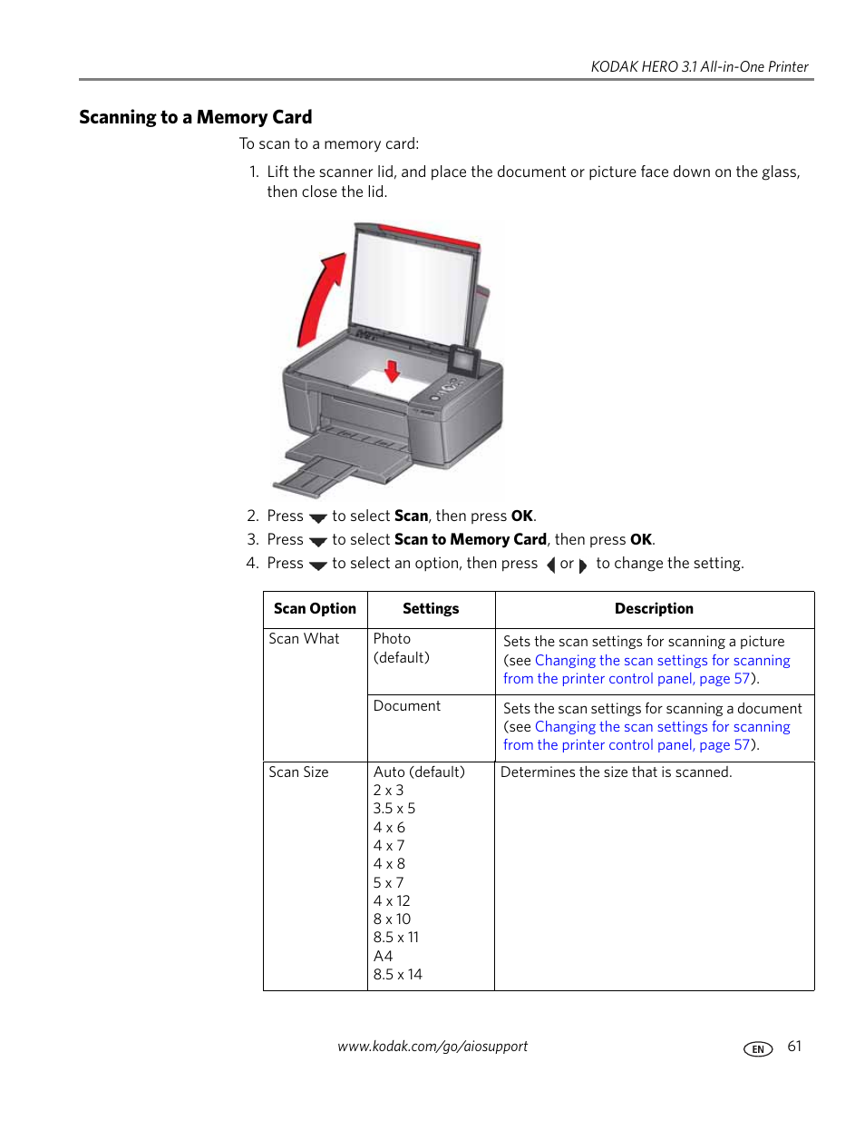 Scanning to a memory card | Kodak HERO 3.1 User Manual | Page 67 / 100