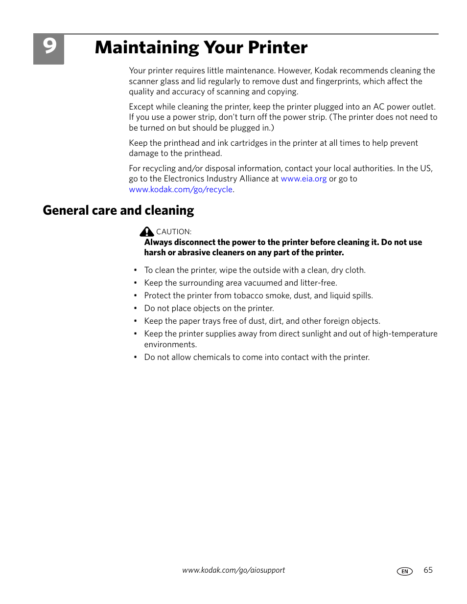 Maintaining your printer, General care and cleaning, 9 maintaining your printer | Kodak HERO 3.1 User Manual | Page 71 / 100