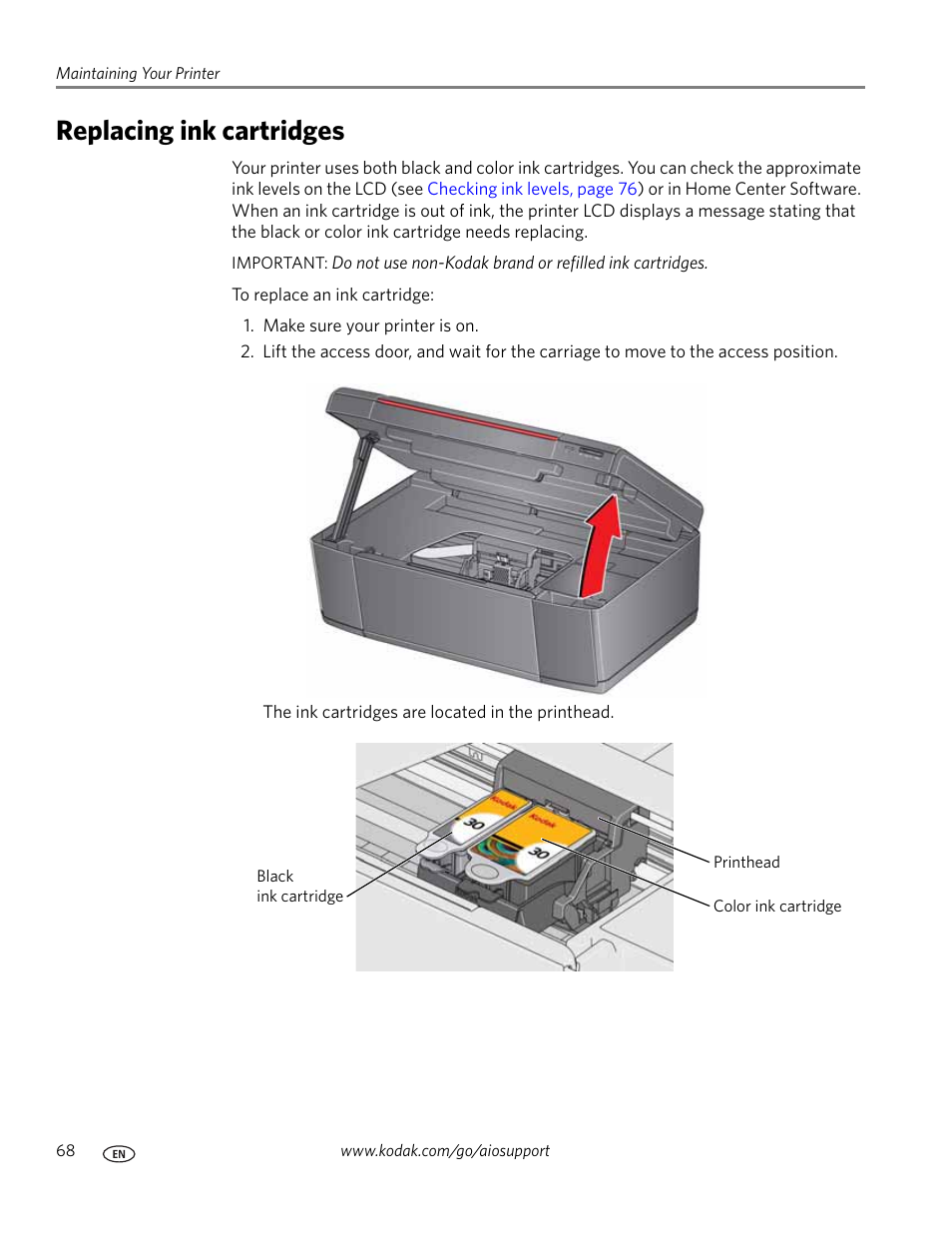 Replacing ink cartridges | Kodak HERO 3.1 User Manual | Page 74 / 100