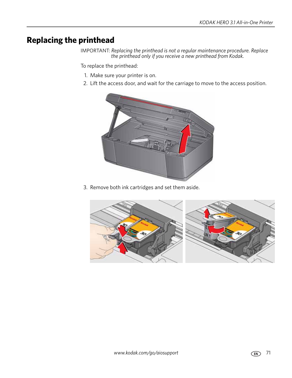 Replacing the printhead | Kodak HERO 3.1 User Manual | Page 77 / 100