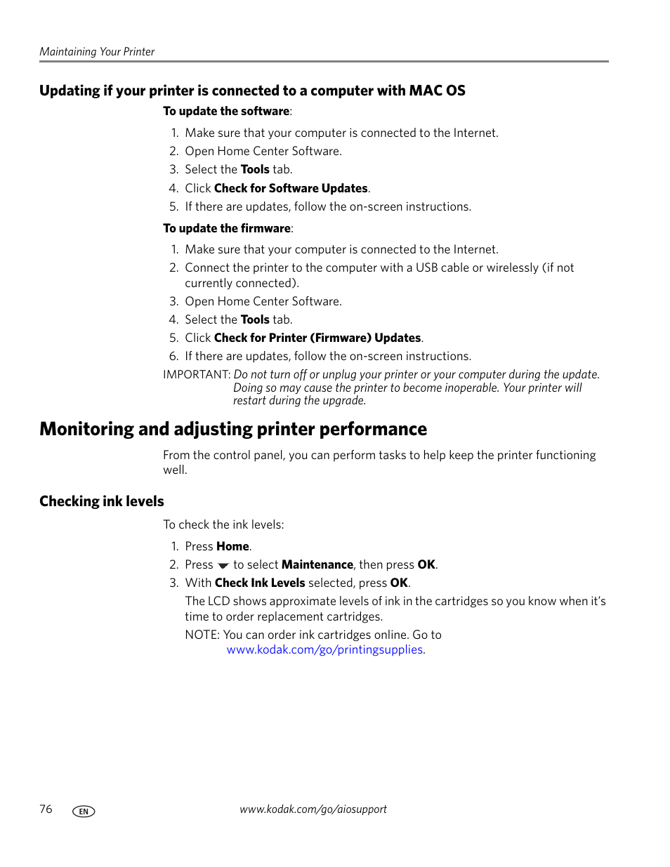 Monitoring and adjusting printer performance, Checking ink levels | Kodak HERO 3.1 User Manual | Page 82 / 100