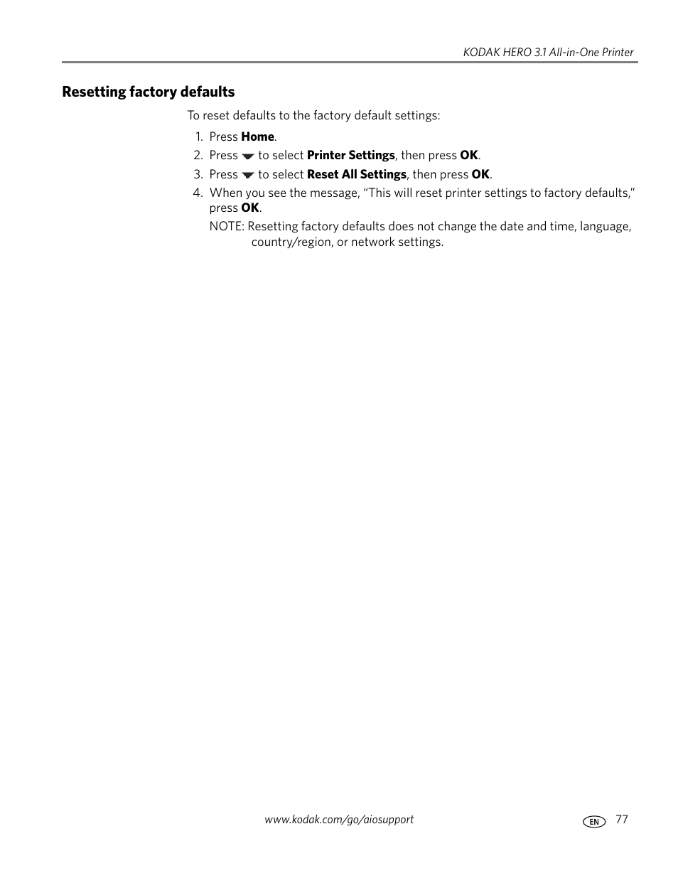 Resetting factory defaults, Resetting factory | Kodak HERO 3.1 User Manual | Page 83 / 100