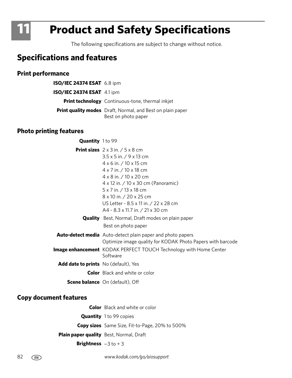 Product and safety specifications, Specifications and features, Print performance | Photo printing features, Copy document features, 11 product and safety specifications | Kodak HERO 3.1 User Manual | Page 88 / 100