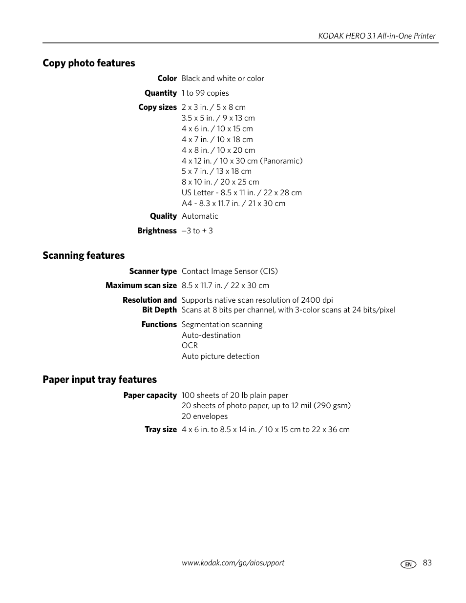 Copy photo features, Scanning features, Paper input tray features | Kodak HERO 3.1 User Manual | Page 89 / 100