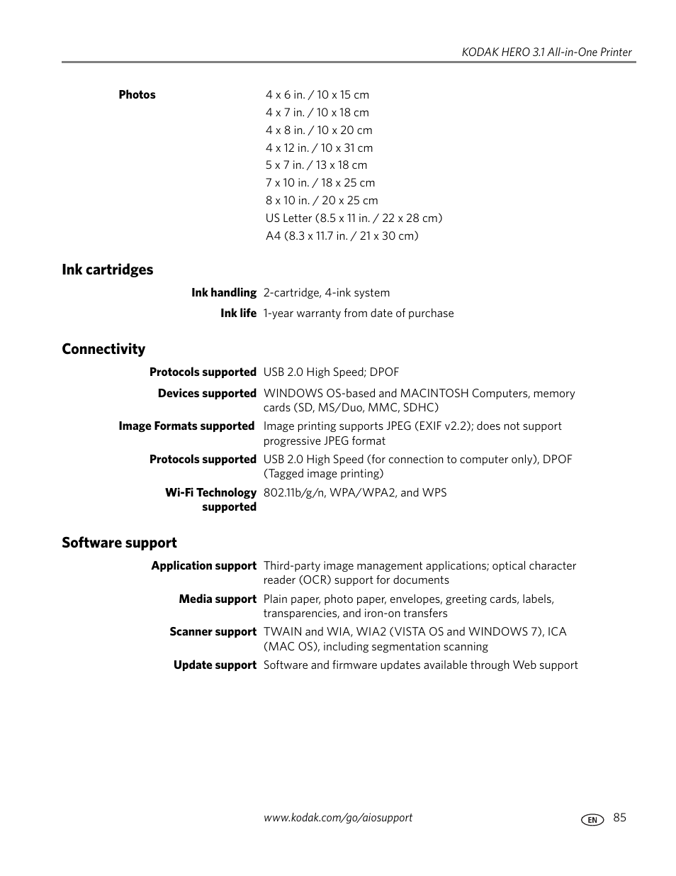 Ink cartridges, Connectivity, Software support | Ink cartridges connectivity software support | Kodak HERO 3.1 User Manual | Page 91 / 100