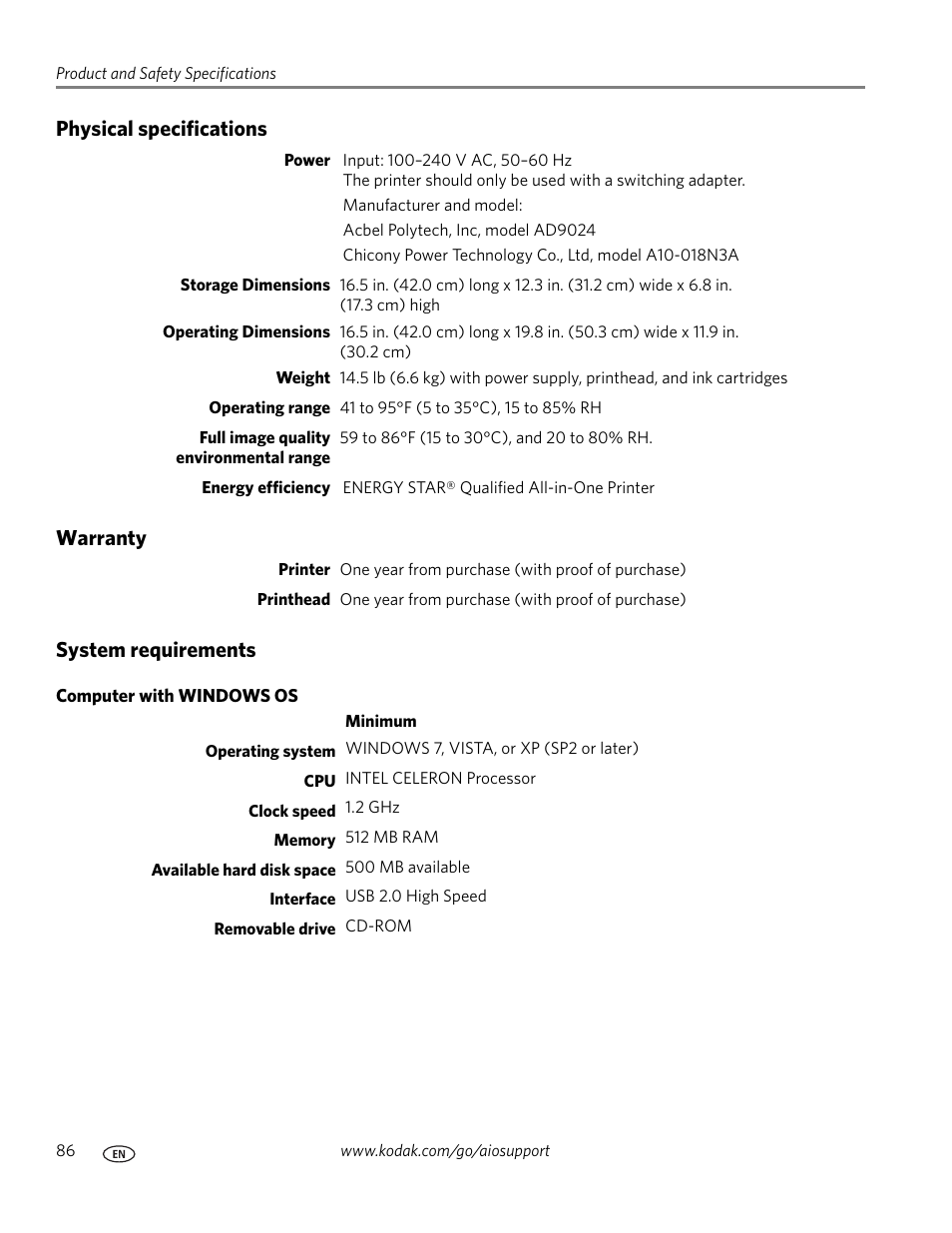 Physical specifications, Warranty, System requirements | Computer with windows os | Kodak HERO 3.1 User Manual | Page 92 / 100