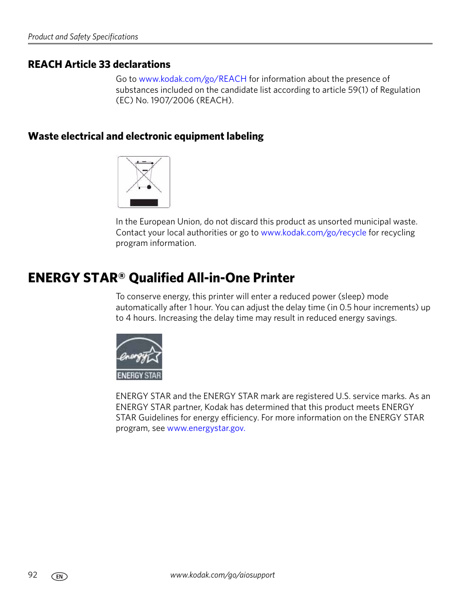 Reach article 33 declarations, Waste electrical and electronic equipment labeling, Energy star® qualified all-in-one printer | Kodak HERO 3.1 User Manual | Page 98 / 100