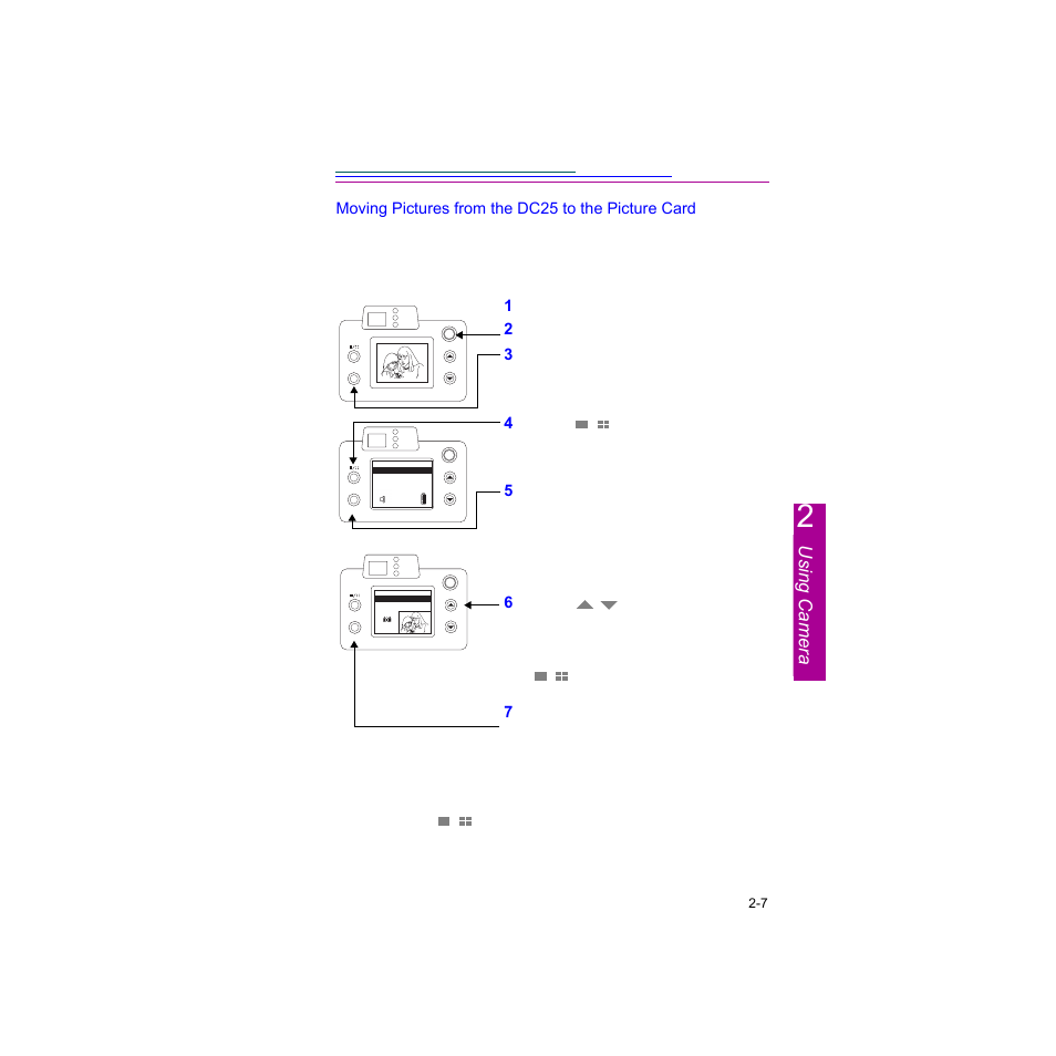 Using camera, Moving pictures from the dc25 to the picture card | Kodak DC25 User Manual | Page 17 / 47