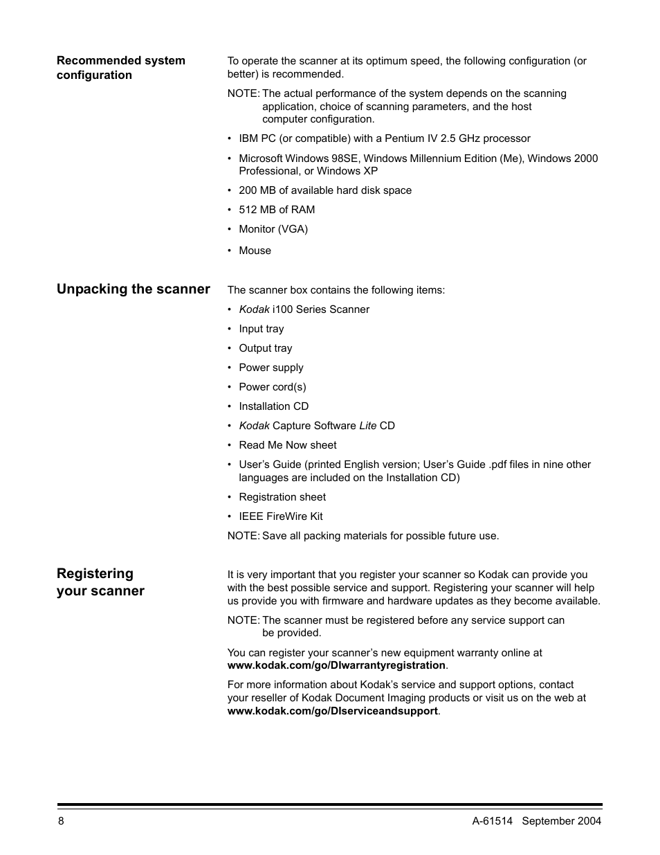 Recommended system configuration, Unpacking the scanner, Registering your scanner | Kodak A-61514 User Manual | Page 11 / 40