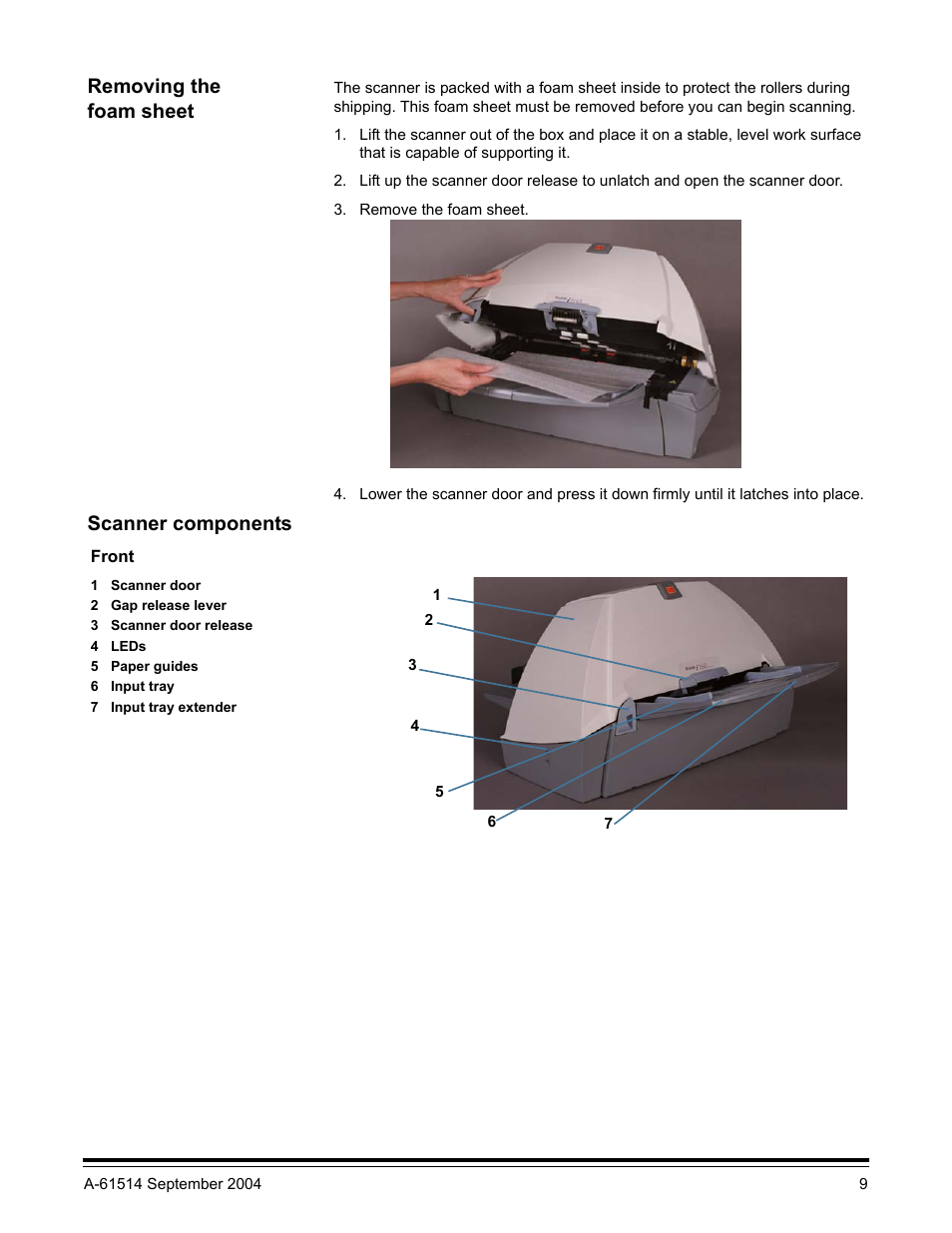 Removing the foam sheet, Scanner components | Kodak A-61514 User Manual | Page 12 / 40