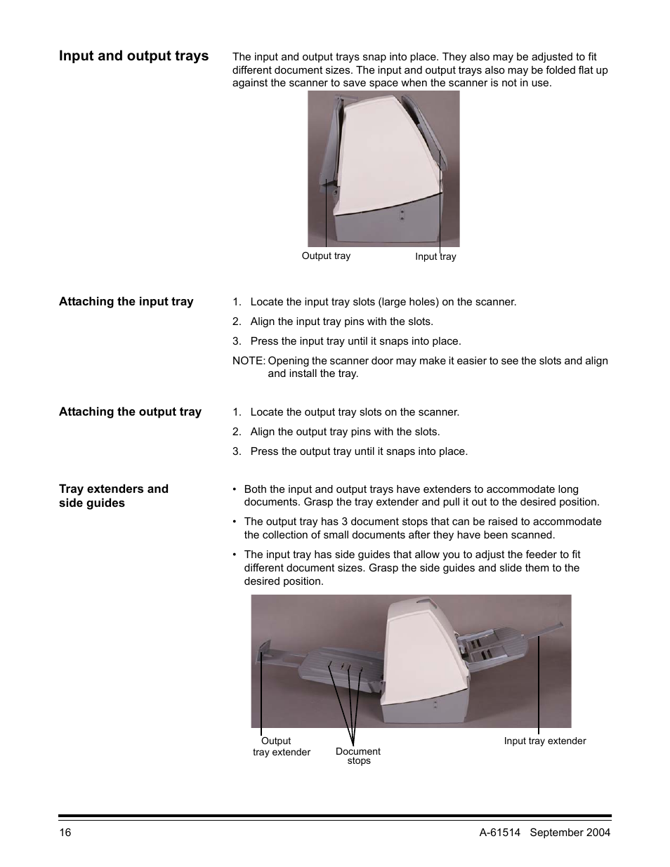 Input and output trays, Attaching the input tray, Attaching the output tray | Tray extenders and side guides | Kodak A-61514 User Manual | Page 19 / 40