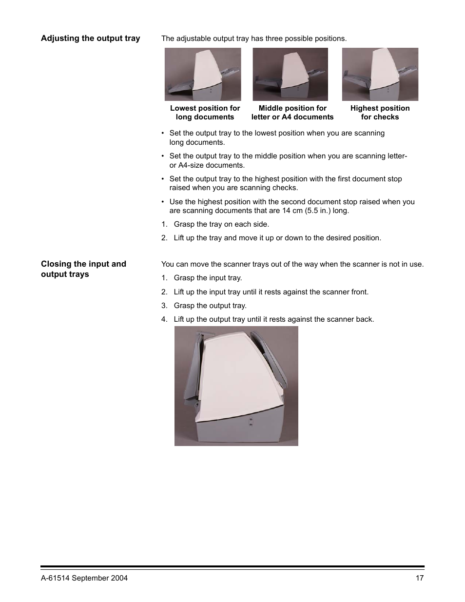 Adjusting the output tray, Closing the input and output trays | Kodak A-61514 User Manual | Page 20 / 40