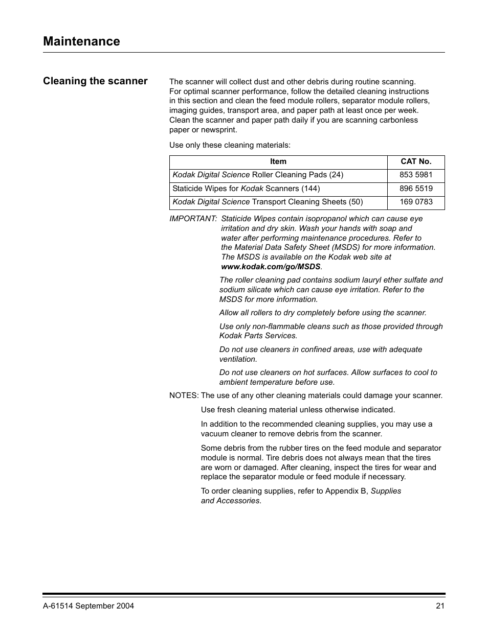 Maintenance, Cleaning the scanner | Kodak A-61514 User Manual | Page 24 / 40