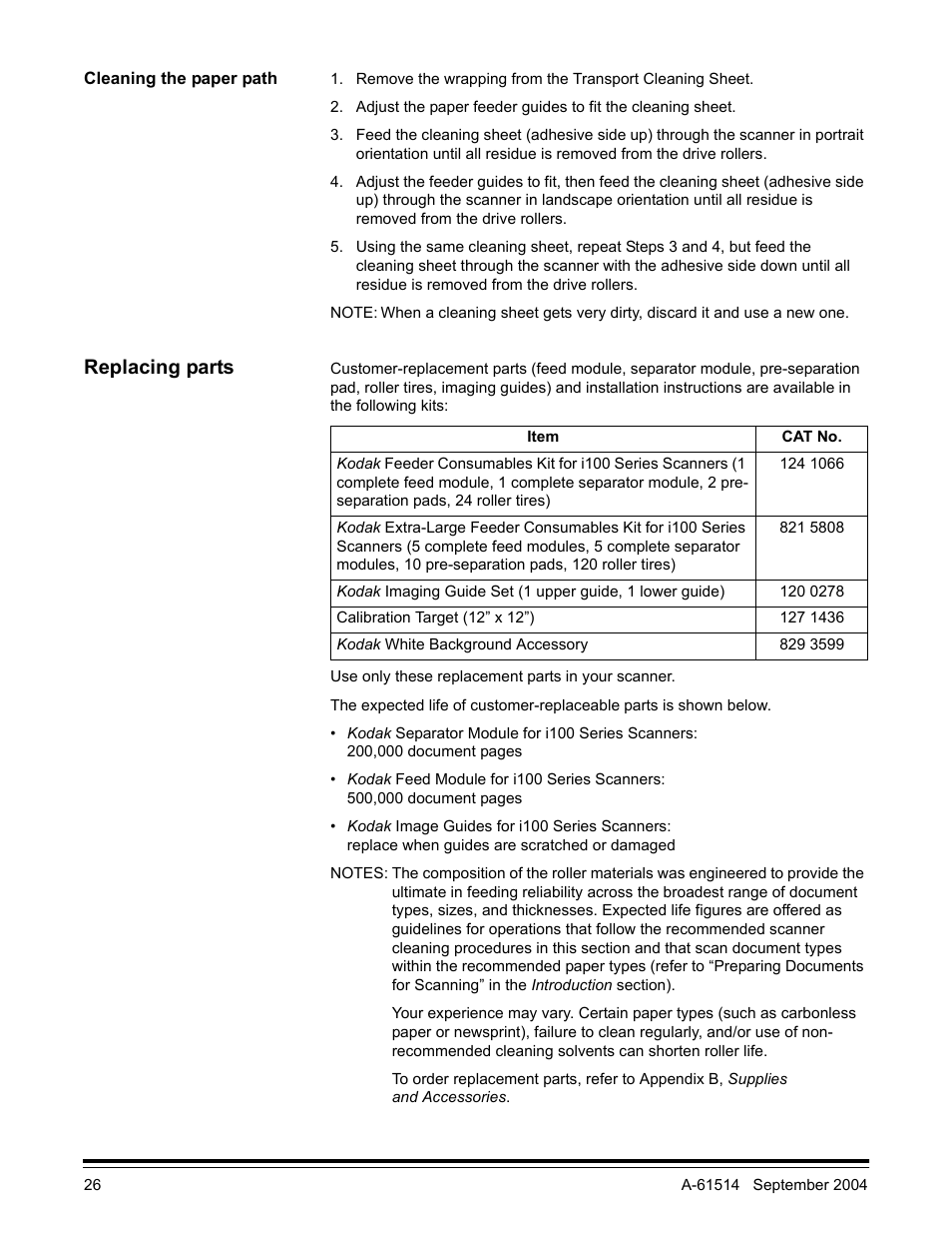Cleaning the paper path, Replacing parts | Kodak A-61514 User Manual | Page 29 / 40