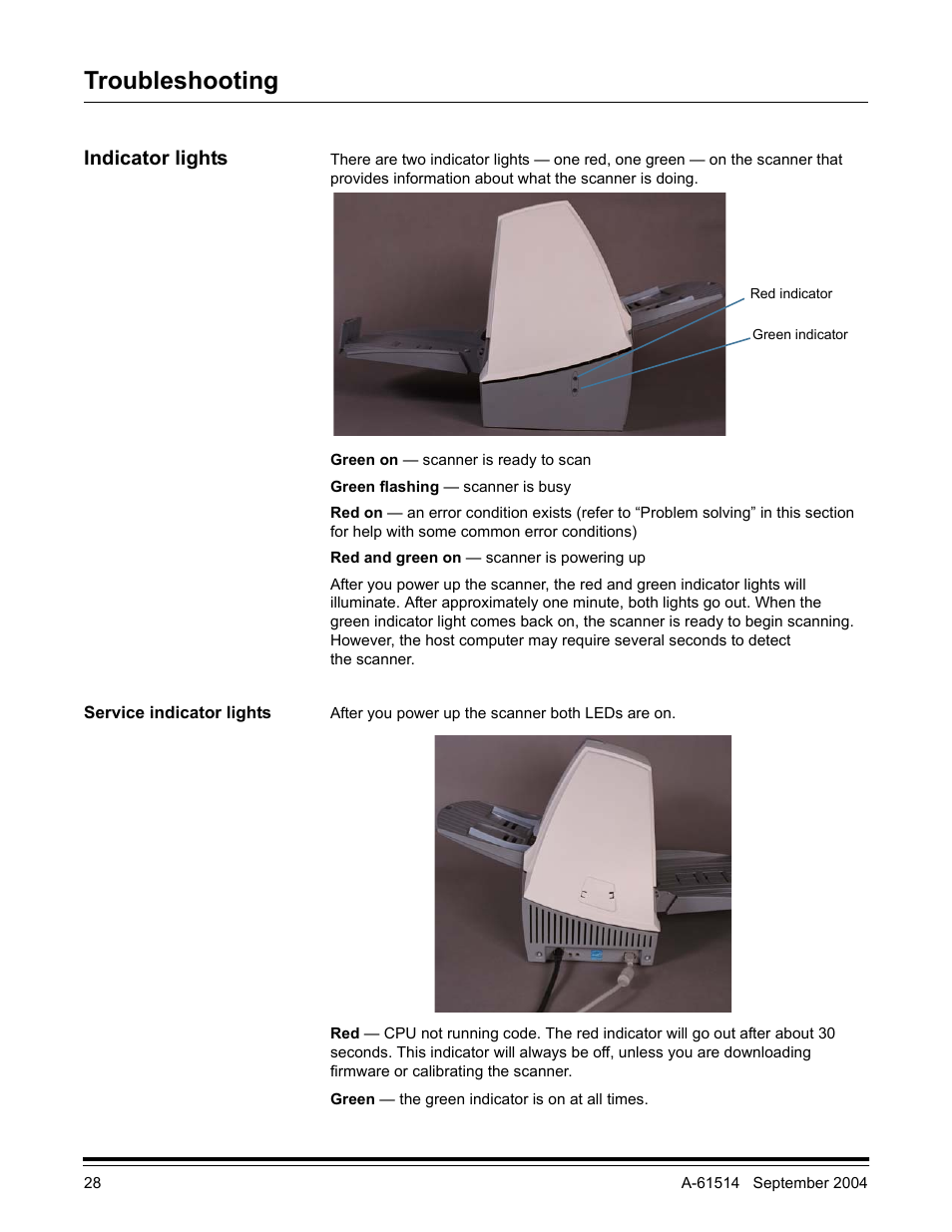 Troubleshooting, Indicator lights, Service indicator lights | Kodak A-61514 User Manual | Page 31 / 40