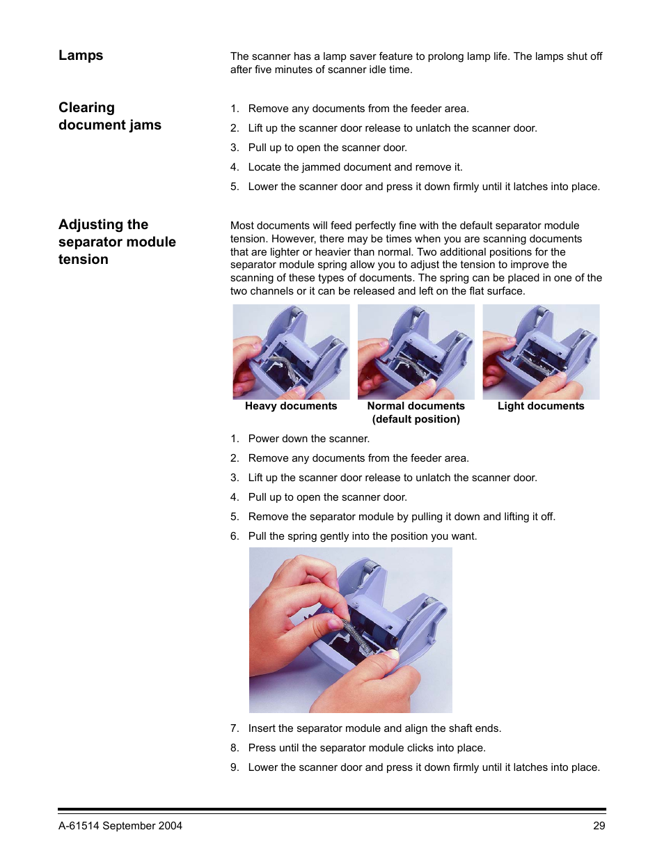 Lamps, Clearing document jams, Adjusting the separator module tension | Kodak A-61514 User Manual | Page 32 / 40