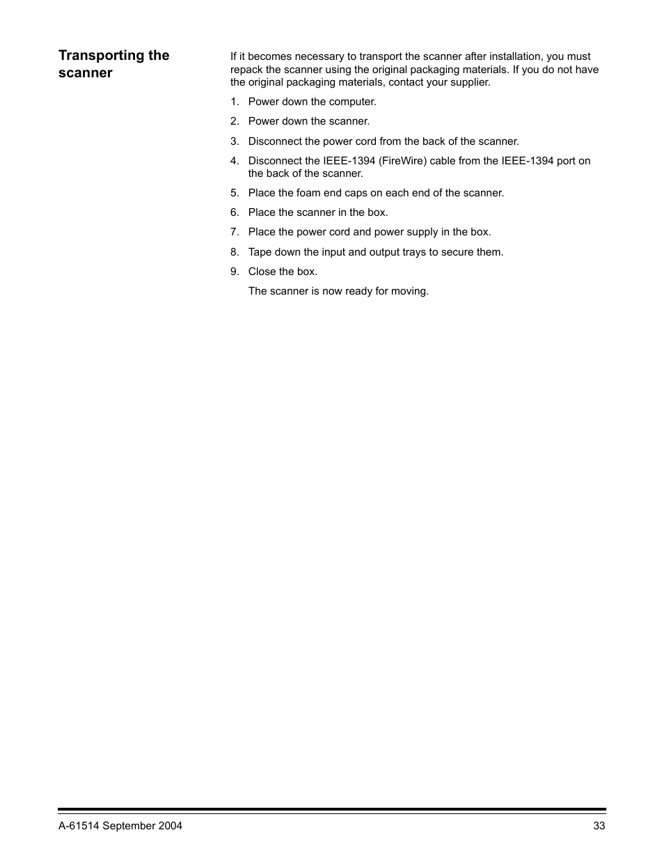Transporting the scanner | Kodak A-61514 User Manual | Page 36 / 40