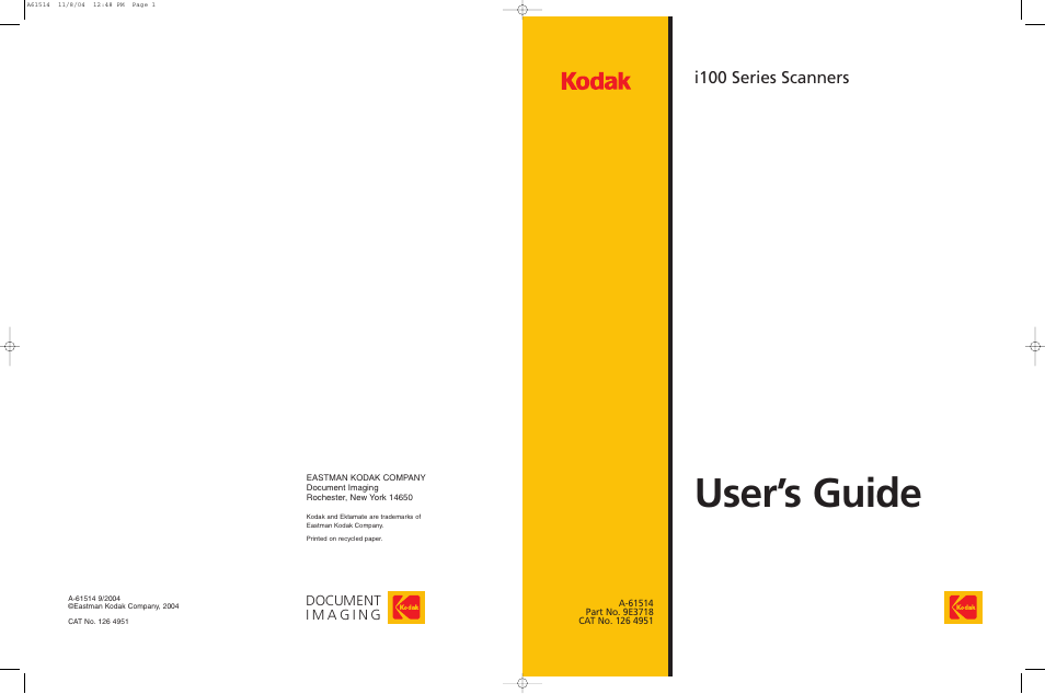 User’s guide, I100 series scanners | Kodak A-61514 User Manual | Page 40 / 40