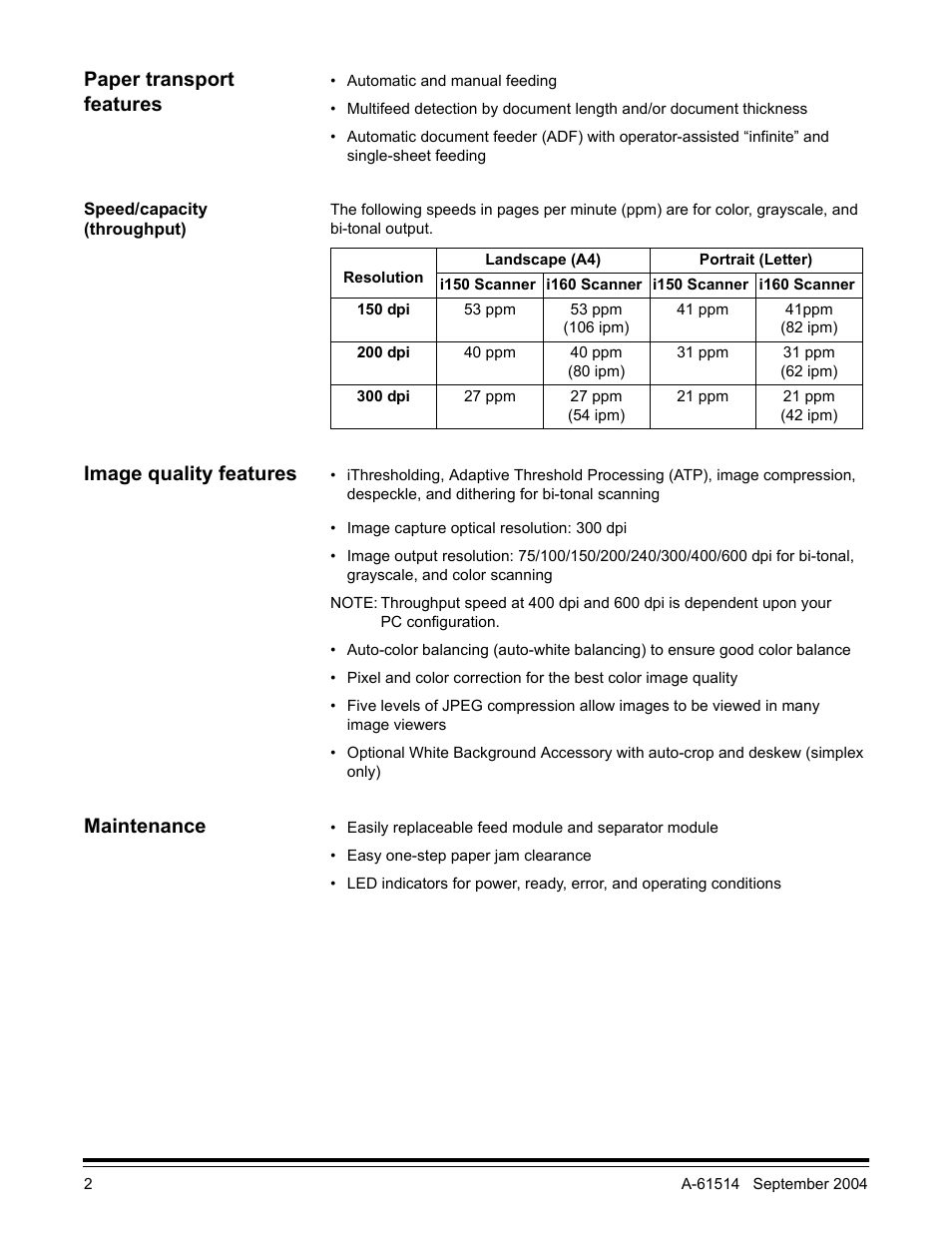 Paper transport features, Speed/capacity (throughput), Image quality features | Maintenance | Kodak A-61514 User Manual | Page 5 / 40