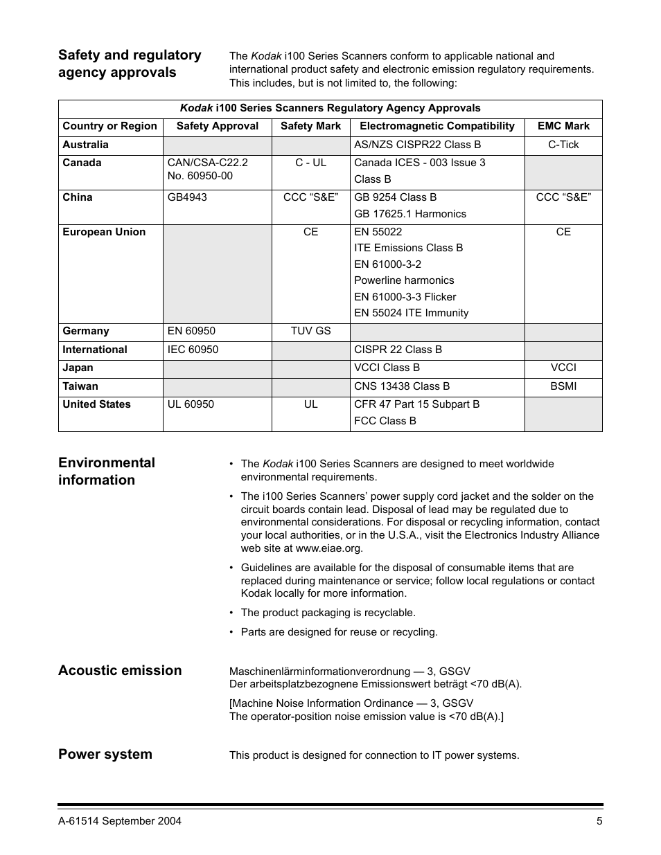 Safety and regulatory agency approvals, Environmental information, Acoustic emission | Power system | Kodak A-61514 User Manual | Page 8 / 40