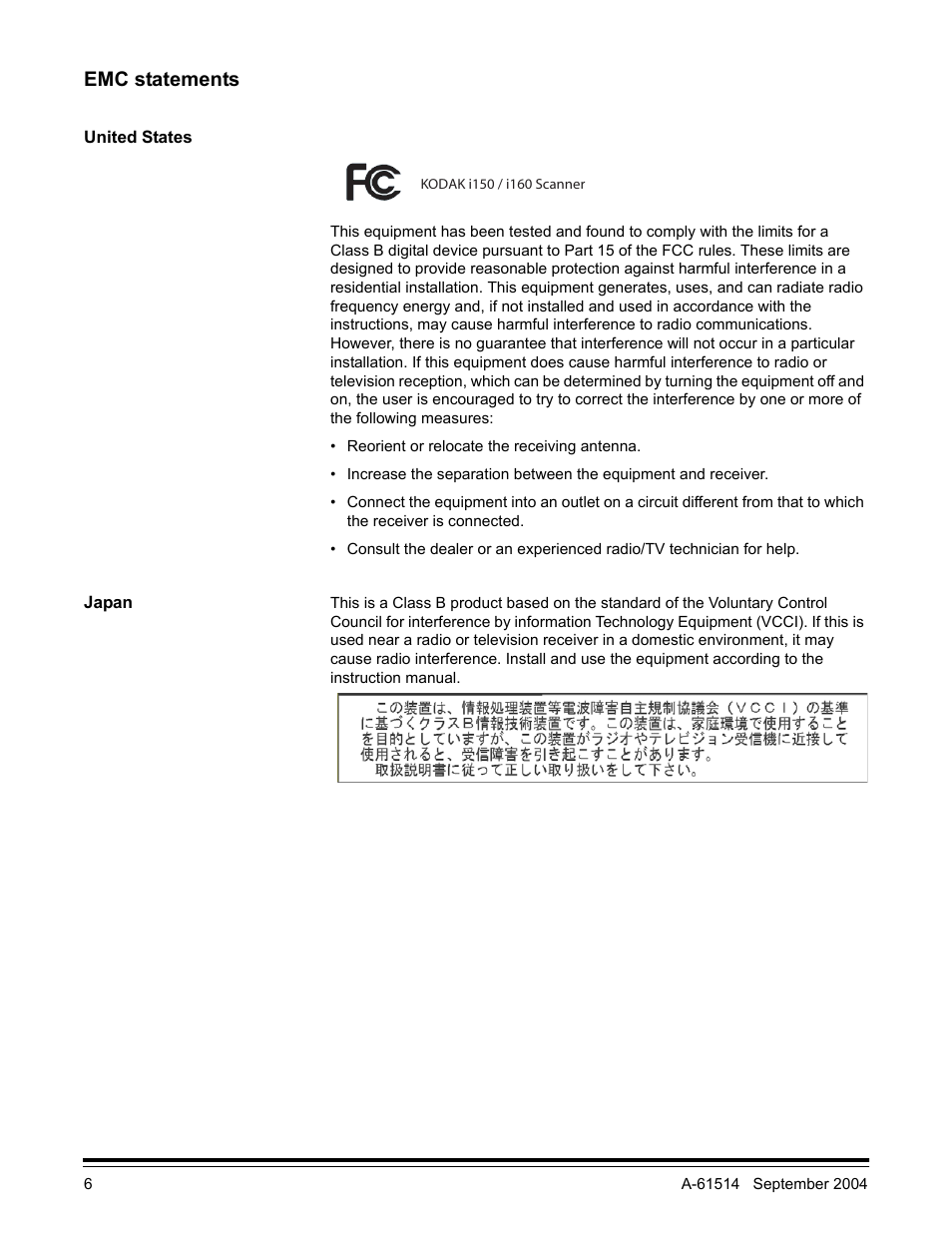 Emc statements, United states, Japan | Kodak A-61514 User Manual | Page 9 / 40