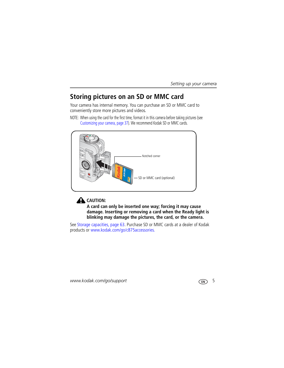 Storing pictures on an sd or mmc card | Kodak C875 User Manual | Page 11 / 84