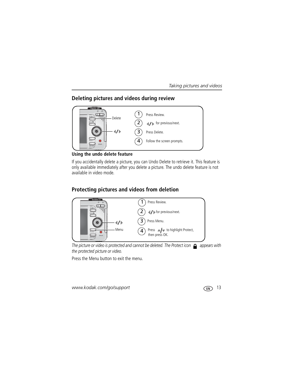 Deleting pictures and videos during review, Using the undo delete feature, Protecting pictures and videos from deletion | Kodak C875 User Manual | Page 19 / 84