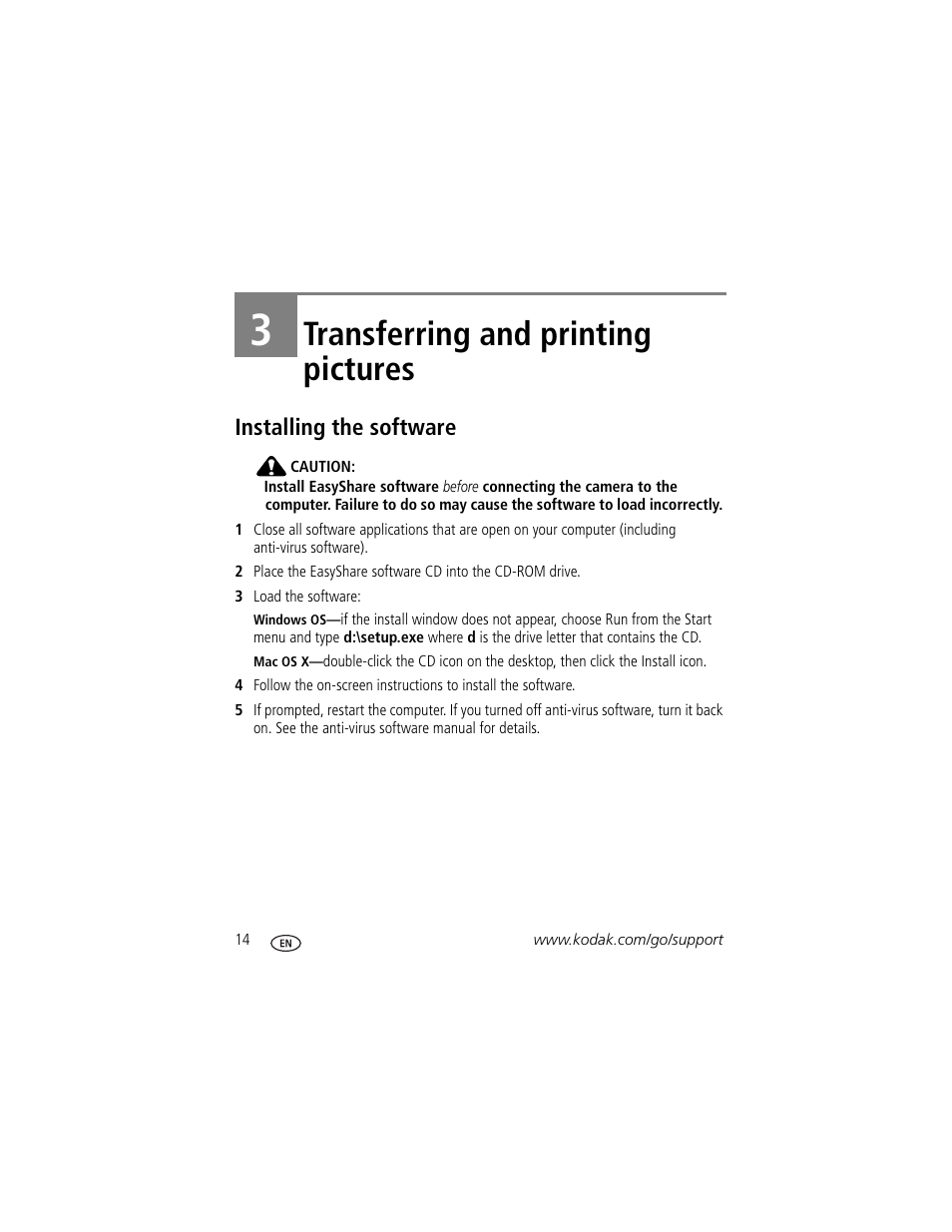 Transferring and printing pictures, Installing the software, 3 transferring and printing pictures | Kodak C875 User Manual | Page 20 / 84