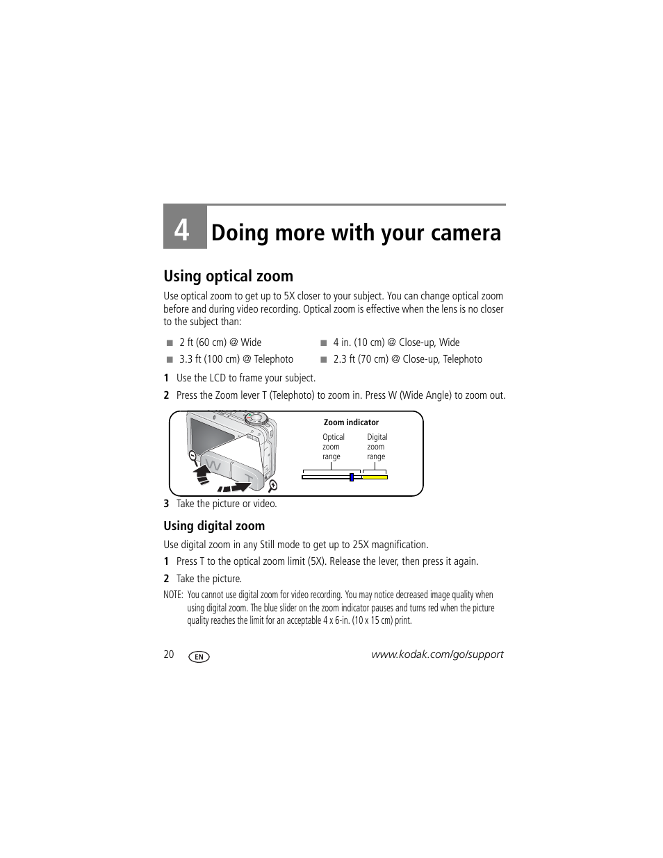 Doing more with your camera, Using optical zoom, Using digital zoom | 4 doing more with your camera | Kodak C875 User Manual | Page 26 / 84