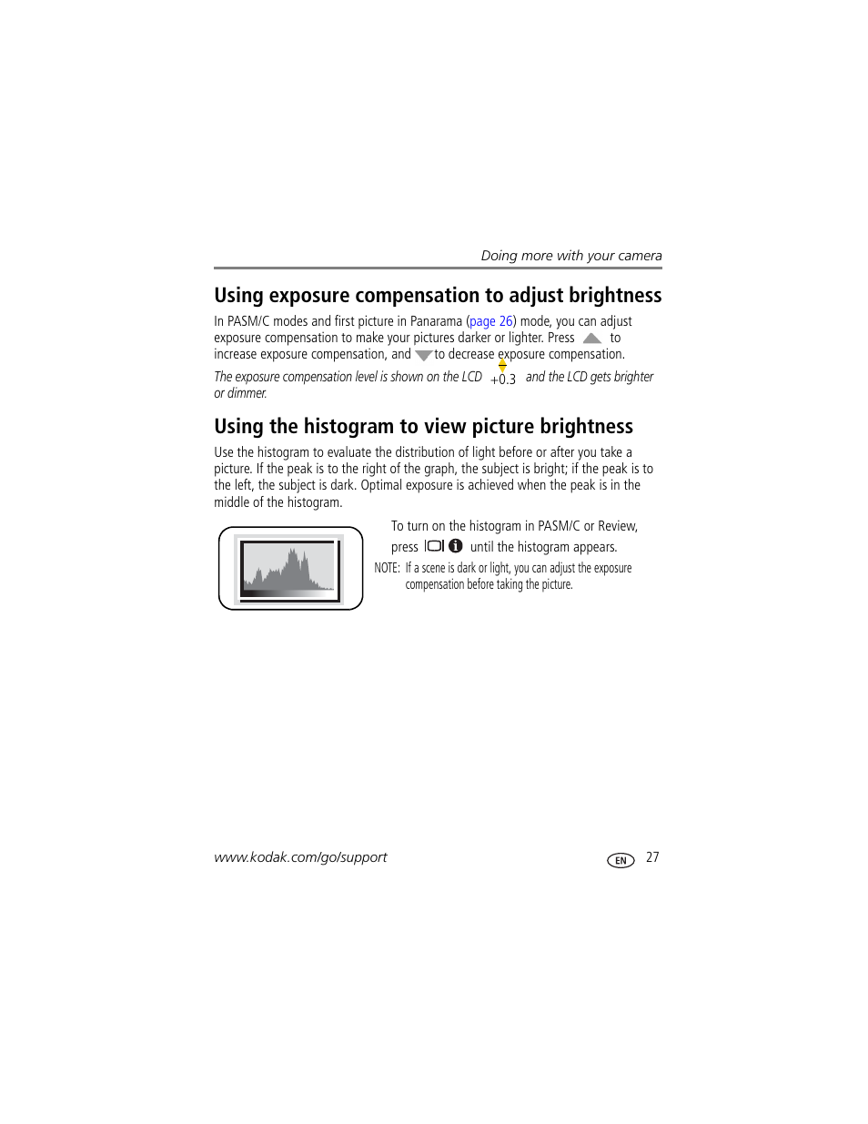 Using exposure compensation to adjust brightness, Using the histogram to view picture brightness | Kodak C875 User Manual | Page 33 / 84
